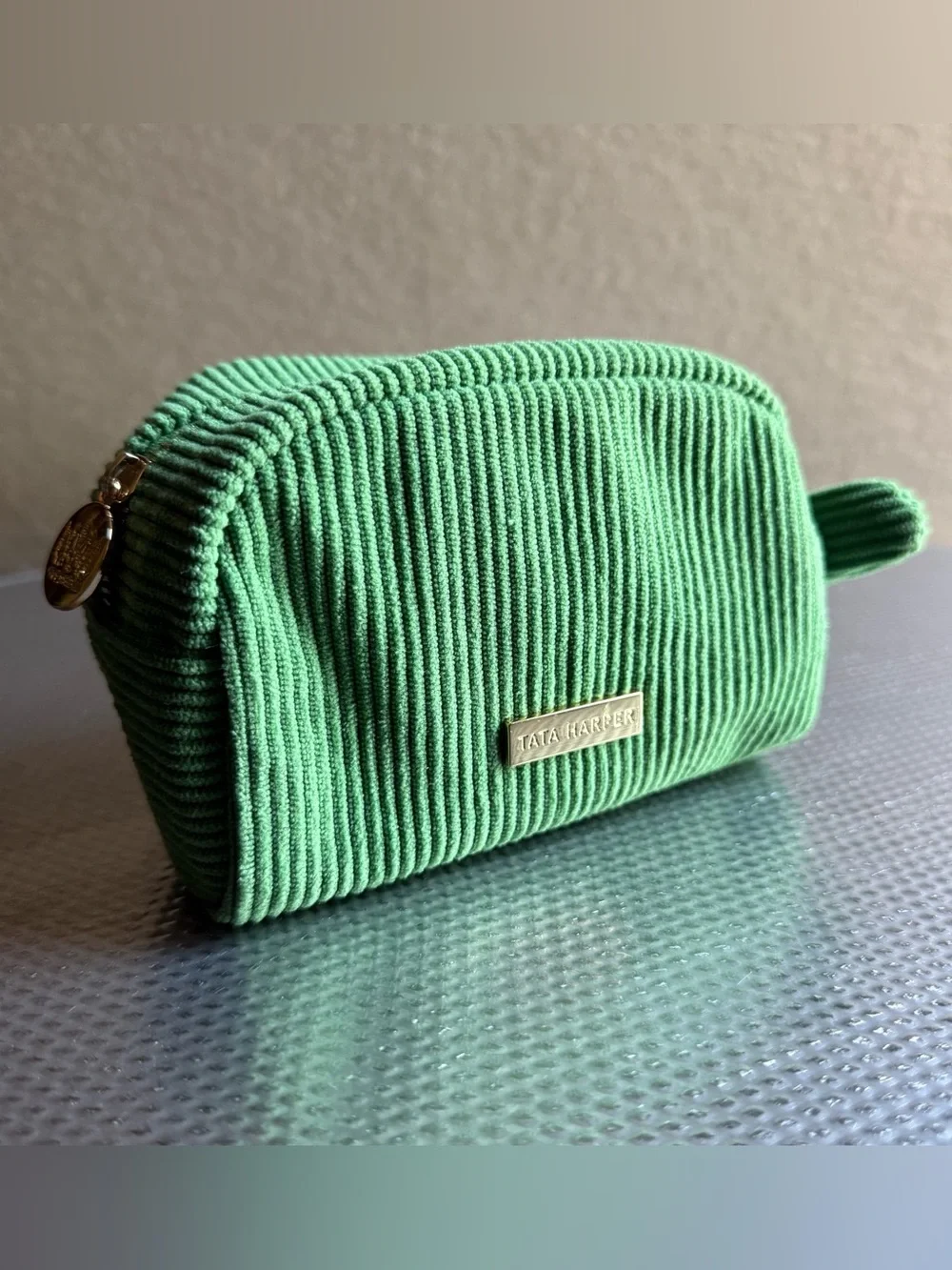 Tata Harper small green corduroy makeup bag